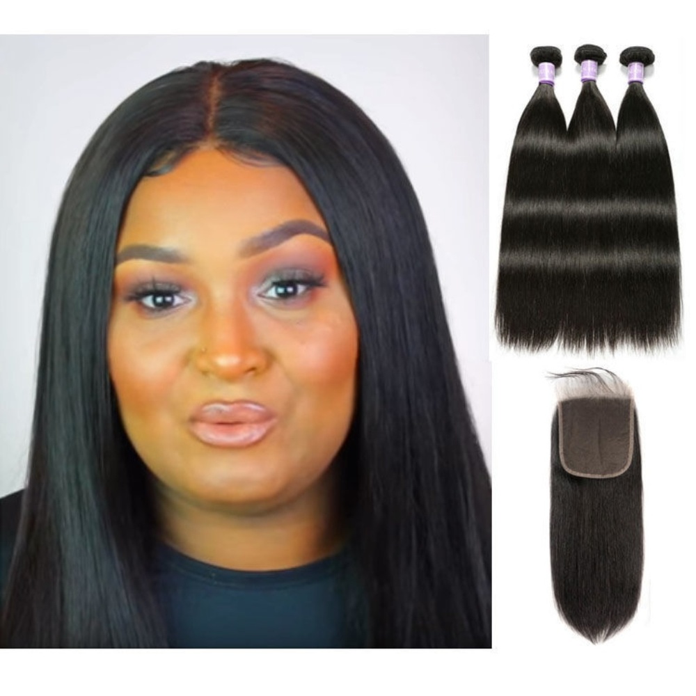 3 bundle Straight Virgin Hair+ 4x4 Lace Closure